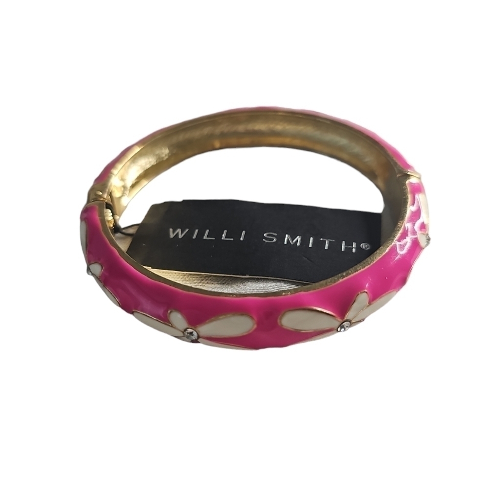 Willi Smith NWT Clamp Pink Floral Enamel and Rhinestones Bracelet